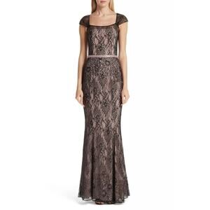 $1260 Verdin New York Black Nude Lace Pink Beaded Waist Mermaid Gown 10 NWT